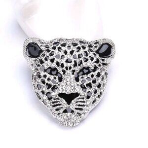 Leopard Head Brooch Pin With Crystals & Enamel Silver Tone